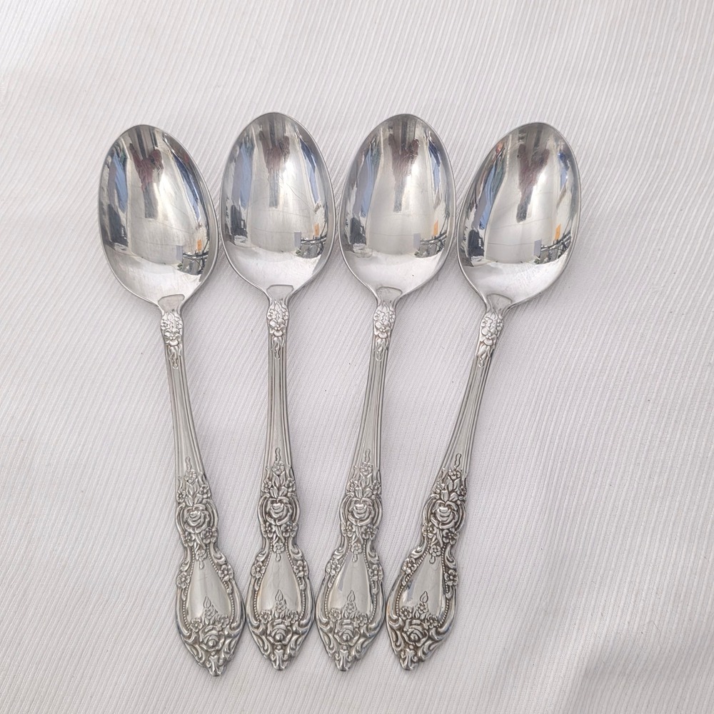 Oneida Wordsworth Dessert Spoons Set of 4 Silver 6.6" Excellent Floral Rose USA